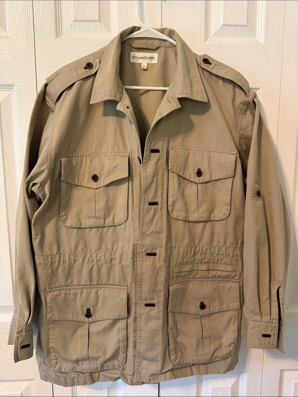 Vintage TravelSmith Safari Bush Khaki Photographer Utility Jacket Cargo Sz L